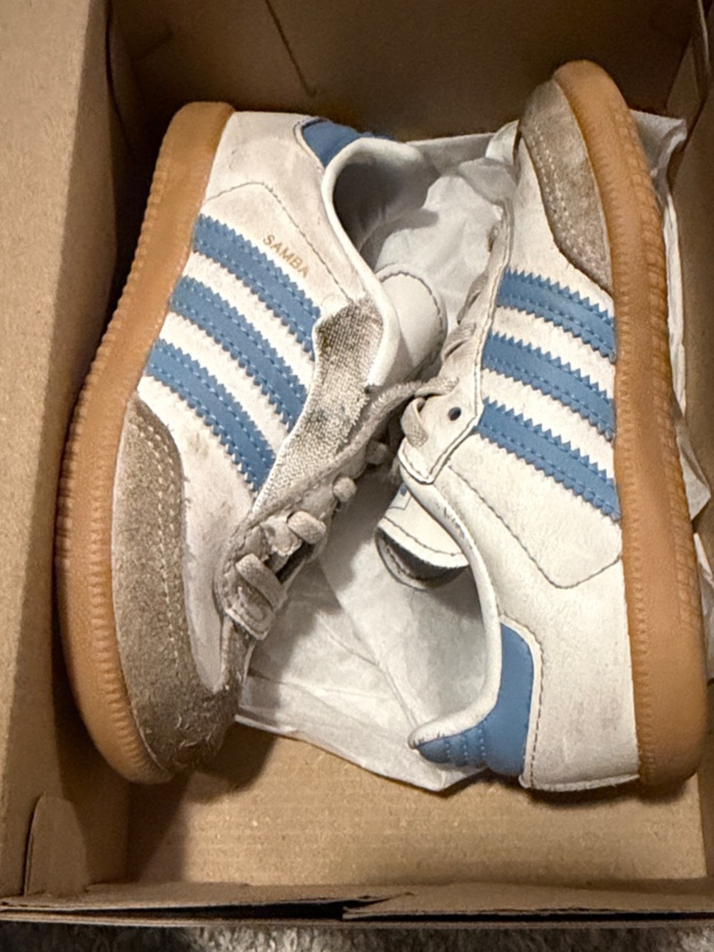 adidas Kids Samba Sneakers in White & Light Blue with Gum Sole